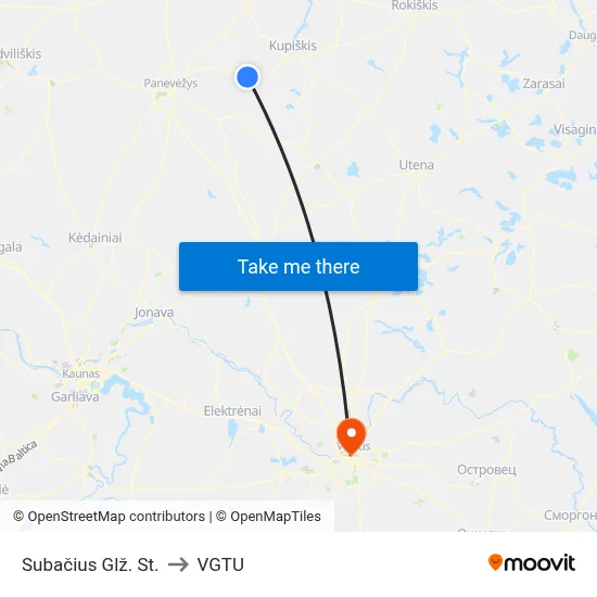 Subačius Glž. St. to VGTU map