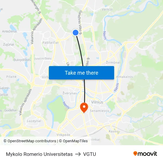 Mykolo Romerio Universitetas to VGTU map