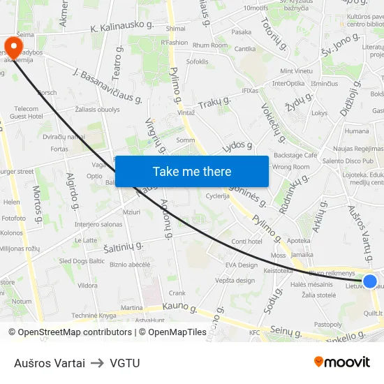 Aušros Vartai to VGTU map