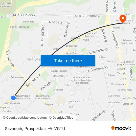 Savanorių Prospektas to VGTU map