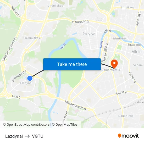 Lazdynai to VGTU map