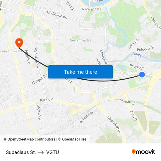 Subačiaus St. to VGTU map