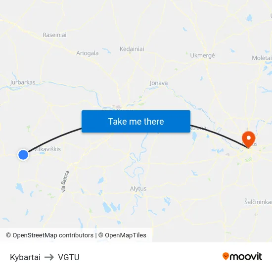 Kybartai to VGTU map