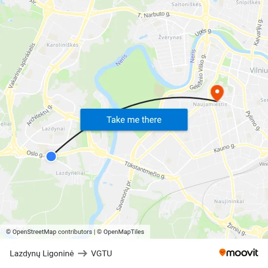 Lazdynų Ligoninė to VGTU map