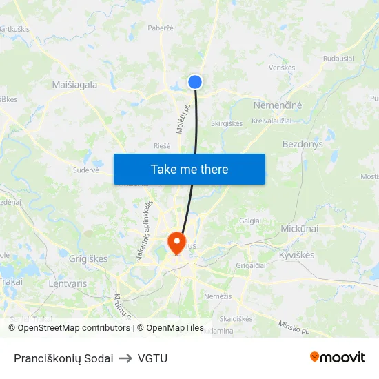 Pranciškonių Sodai to VGTU map