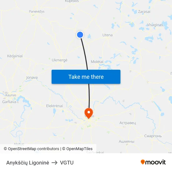 Anykščių Ligoninė to VGTU map