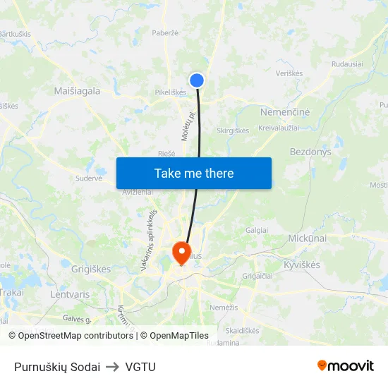 Purnuškių Sodai to VGTU map