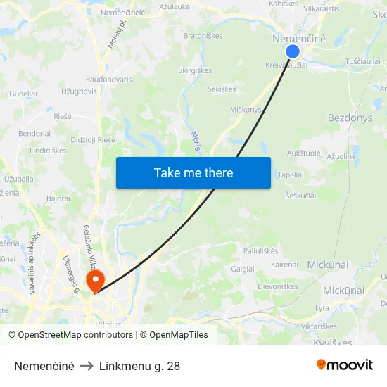 Nemenčinė to Linkmenu g. 28 map