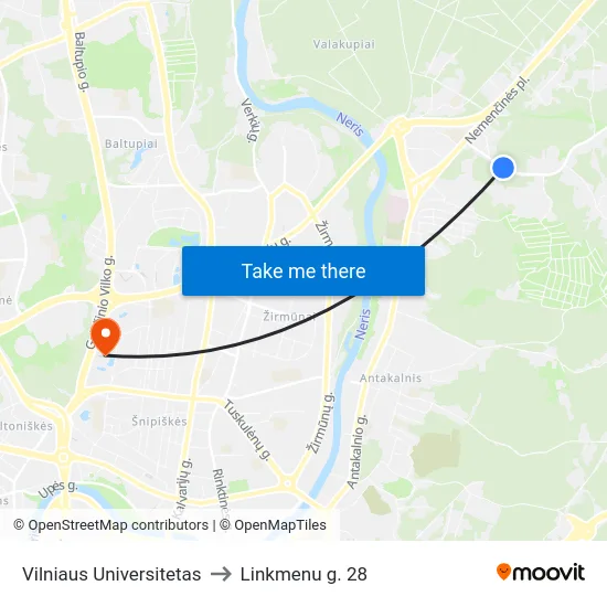 Vilniaus Universitetas to Linkmenu g. 28 map