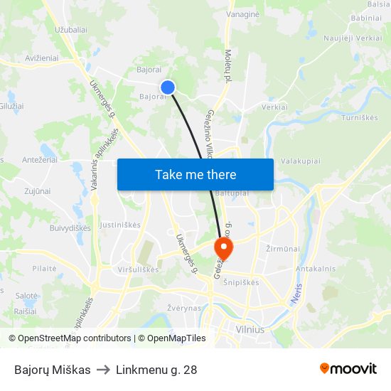 Bajorų Miškas to Linkmenu g. 28 map