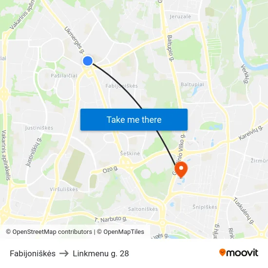 Fabijoniškės to Linkmenu g. 28 map