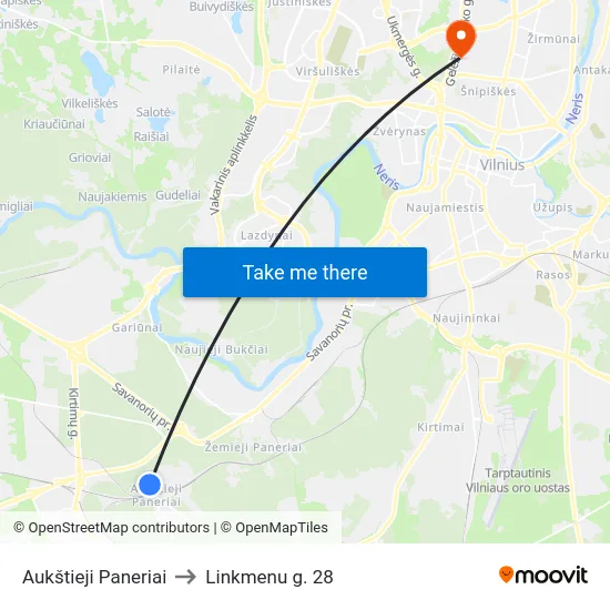 Aukštieji Paneriai to Linkmenu g. 28 map