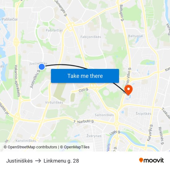 Justiniškės to Linkmenu g. 28 map