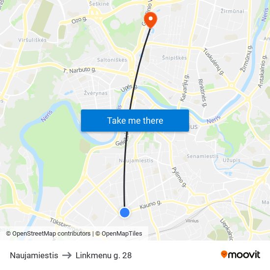 Naujamiestis to Linkmenu g. 28 map
