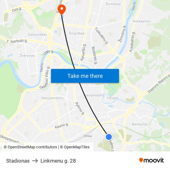 Stadionas to Linkmenu g. 28 map