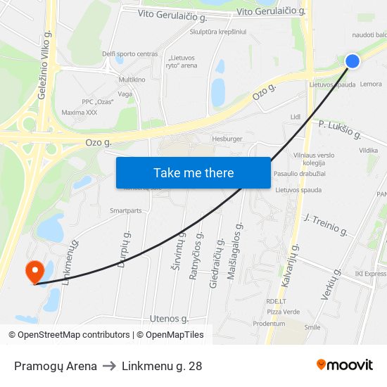 Pramogų Arena to Linkmenu g. 28 map