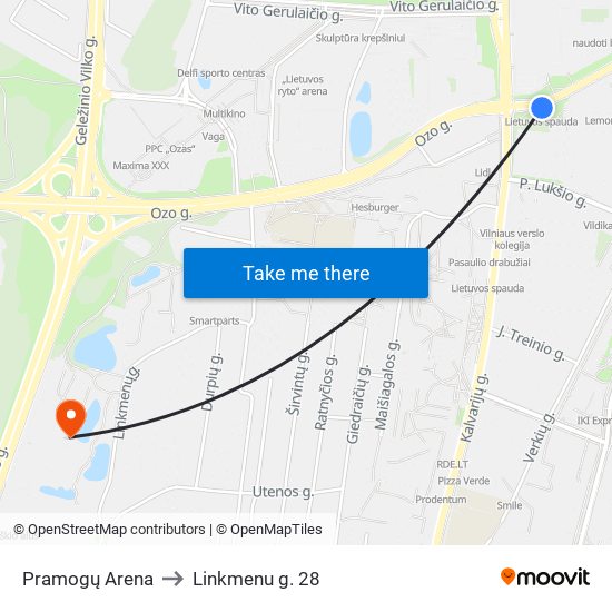Pramogų Arena to Linkmenu g. 28 map