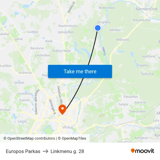 Europos Parkas to Linkmenu g. 28 map