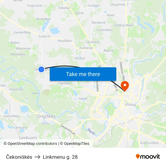 Čekoniškės to Linkmenu g. 28 map