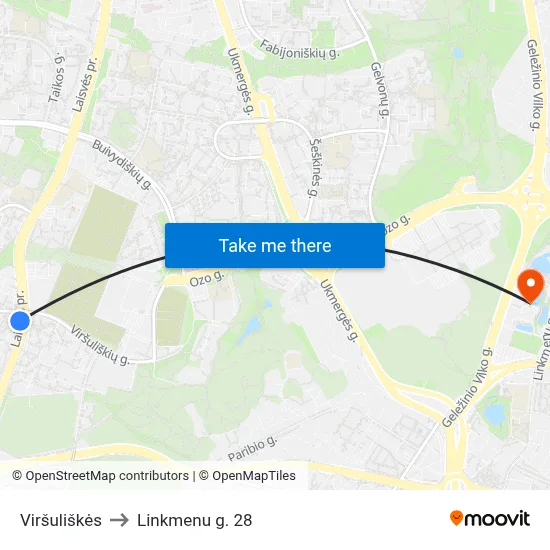 Viršuliškės to Linkmenu g. 28 map