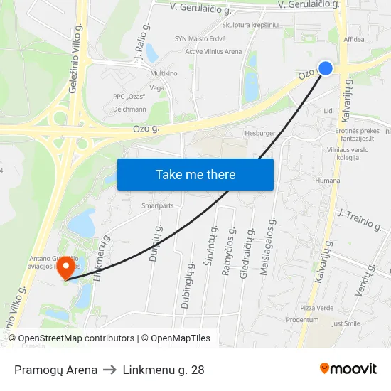 Pramogų Arena to Linkmenu g. 28 map