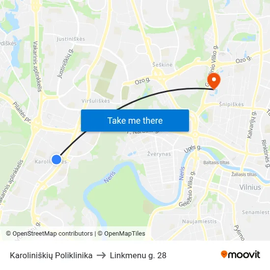Karoliniškių Poliklinika to Linkmenu g. 28 map