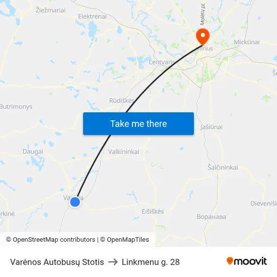 Varėnos Autobusų Stotis to Linkmenu g. 28 map