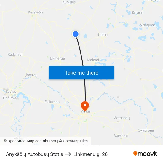 Anykščių Autobusų Stotis to Linkmenu g. 28 map
