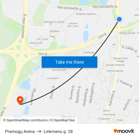 Pramogų Arena to Linkmenu g. 28 map
