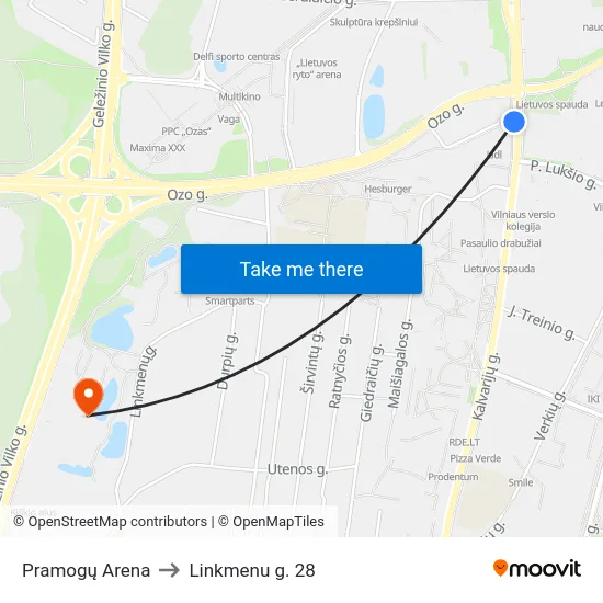 Pramogų Arena to Linkmenu g. 28 map
