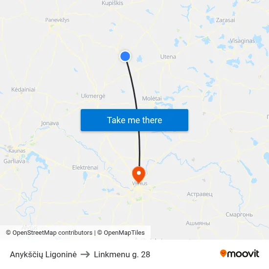 Anykščių Ligoninė to Linkmenu g. 28 map