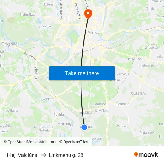 1-Ieji Valčiūnai to Linkmenu g. 28 map