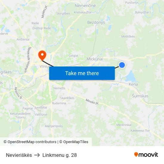 Nevieriškės to Linkmenu g. 28 map