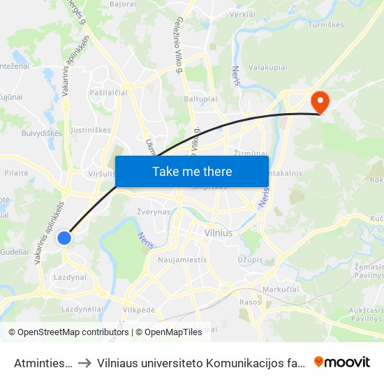 Atminties St. to Vilniaus universiteto Komunikacijos fakultetas map