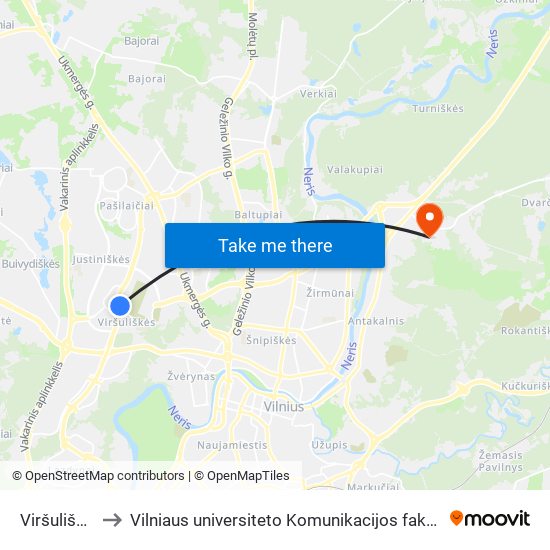 Viršuliškės to Vilniaus universiteto Komunikacijos fakultetas map