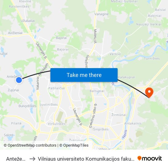 Antežeriai to Vilniaus universiteto Komunikacijos fakultetas map