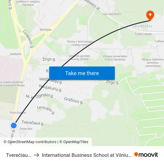 Tverečiaus St. to International Business School at Vilnius university map