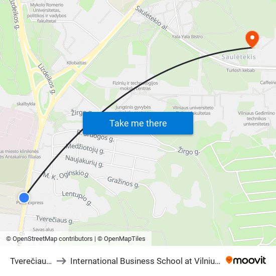 Tverečiaus St. to International Business School at Vilnius university map