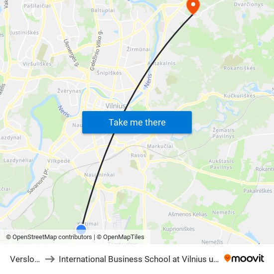 Verslo St. to International Business School at Vilnius university map