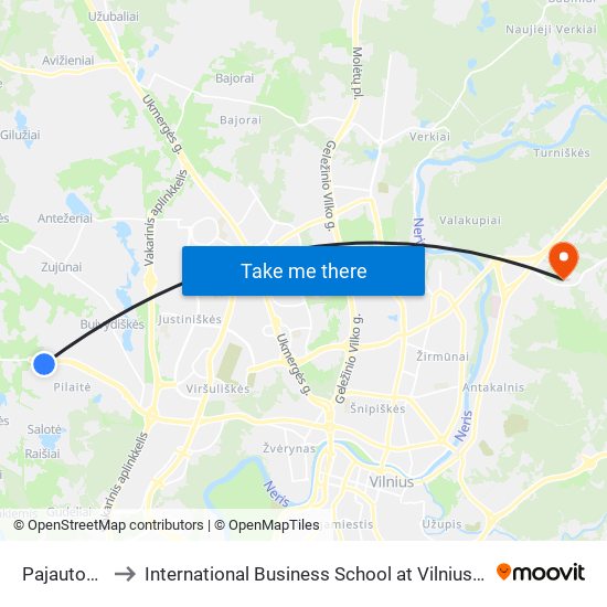 Pajautos St. to International Business School at Vilnius university map