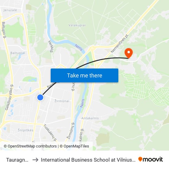 Tauragnų St. to International Business School at Vilnius university map