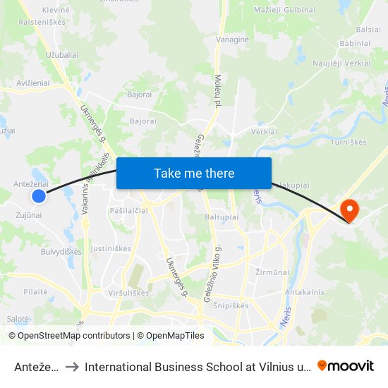 Antežeriai to International Business School at Vilnius university map