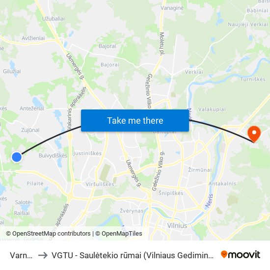 Varnės St. to VGTU - Saulėtekio rūmai (Vilniaus Gedimino technikos universitetas) map