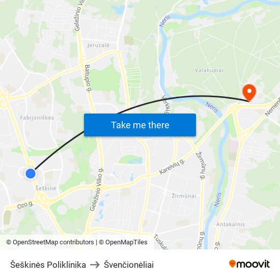 Šeškinės Poliklinika to Švenčionėliai map