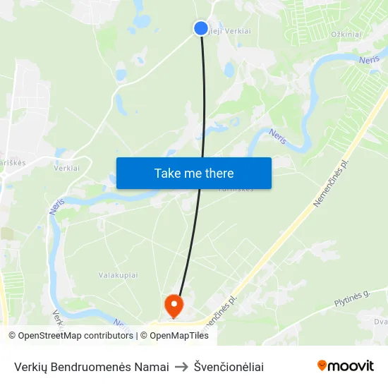 Verkių Bendruomenės Namai to Švenčionėliai map