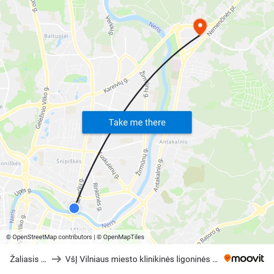 Žaliasis Tiltas to VšĮ Vilniaus miesto klinikinės ligoninės Antakalnio filialas map