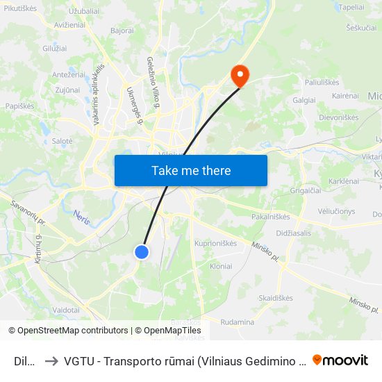 Dilgynė to VGTU - Transporto rūmai (Vilniaus Gedimino technikos universitetas) map
