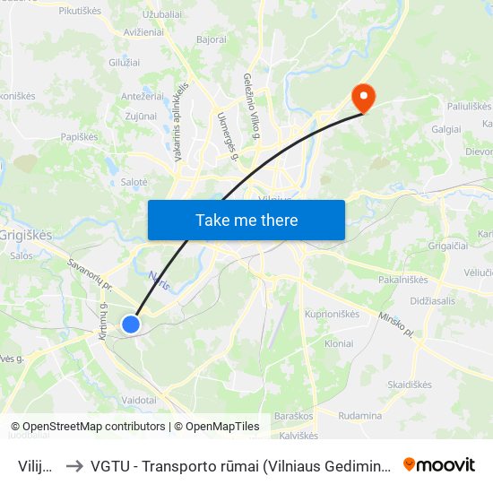 Vilijos St. to VGTU - Transporto rūmai (Vilniaus Gedimino technikos universitetas) map