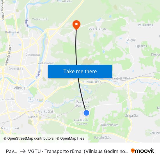 Pavilnys to VGTU - Transporto rūmai (Vilniaus Gedimino technikos universitetas) map