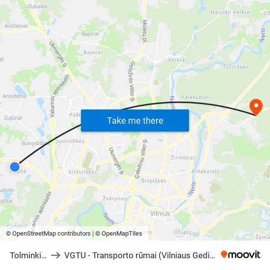 Tolminkiemio St. to VGTU - Transporto rūmai (Vilniaus Gedimino technikos universitetas) map